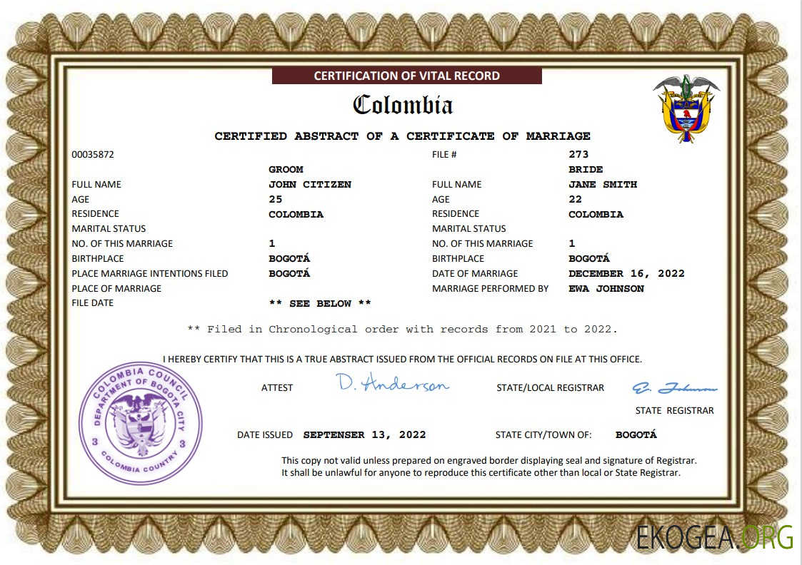 Modèle Word et PDF de certificat de mariage en Colombie